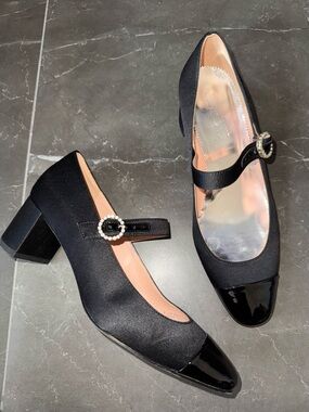 J. Crew Black Satin Block Heels with Patent Cap Toe and Sparkle Buckles